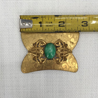 Art Nouveau brass faux apple green jadeite jade glass cabochon brooch pin French
