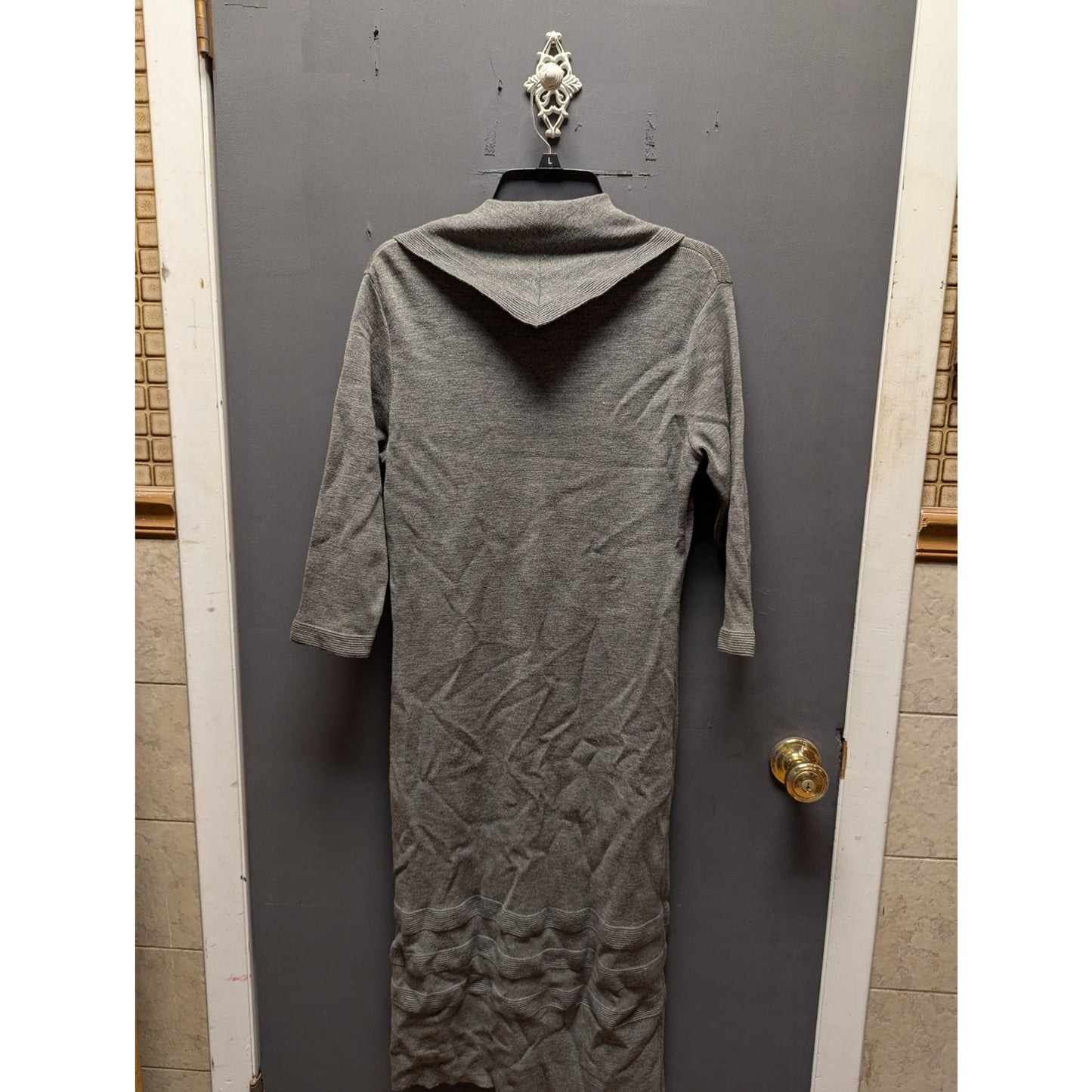 Vintage Barbara Carol Wool Knit Maxi Dress Grey Sailor Collar Bow Accent Medium