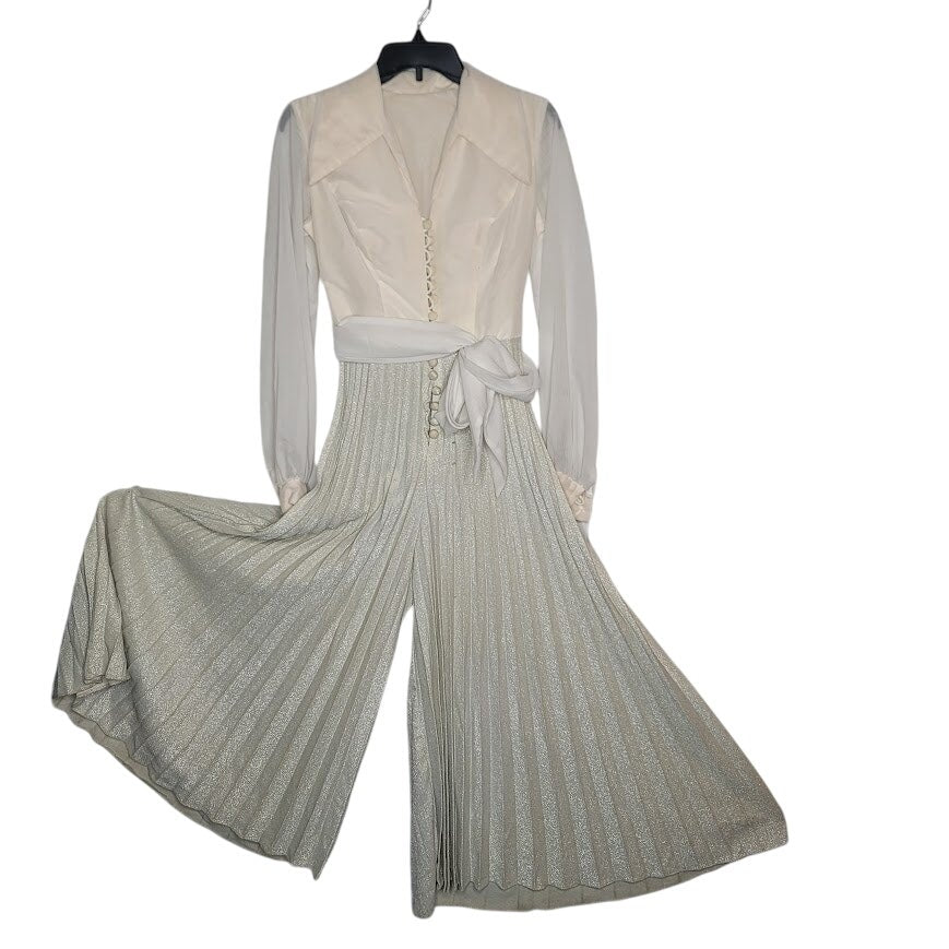 Vintage WIDE pleated silver Bell Bottom Jumpsuit 1 PIECE chiffon top belt Medium