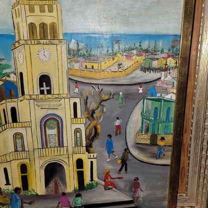 Marc Arthur Mentor Daily Life Oil Board framed 19" x 36" Folk Art Afro-Haitian