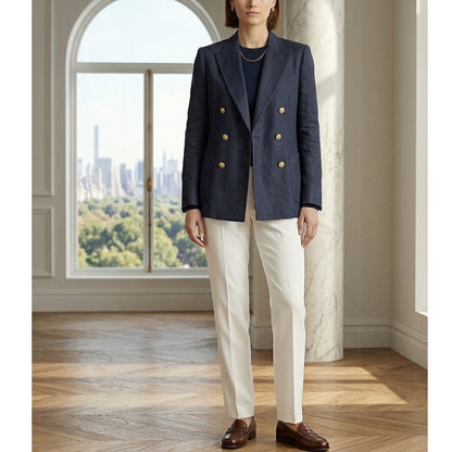 Lauren Ralph Lauren Linen Blazer Navy Double Breasted Gold Button 10P Preppy