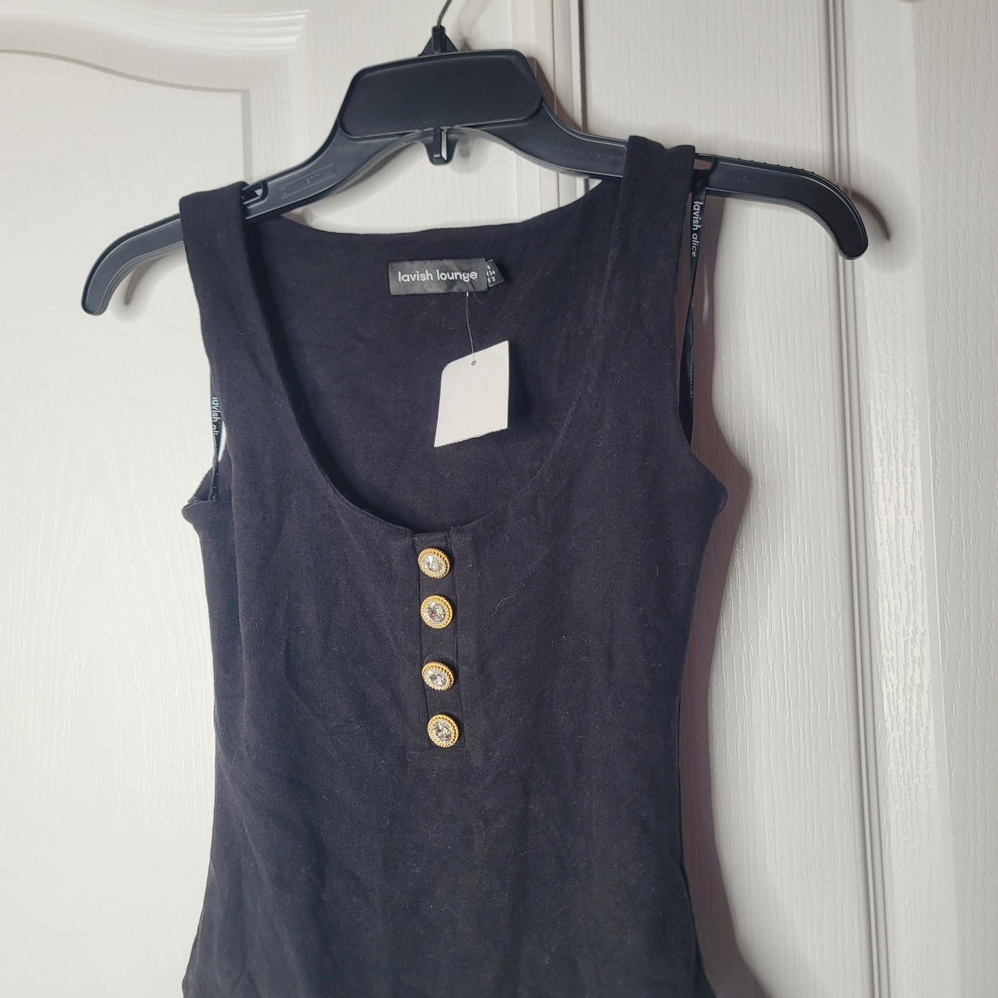 NEW lavish Alice lounge black bodysuit gold rhinestone buttons Sleeveless Size 2