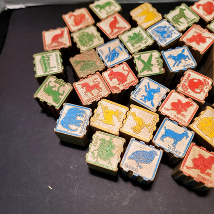 Vintage Wooden Alphabet & Animal Blocks Set (40 Pcs) Various Crafts Toys Play