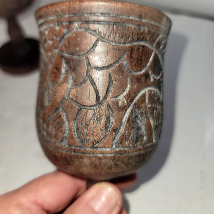 Vintage African Hand Carved Wood Goblets Hippo Rhino Giraffe Pair Tribal MCM