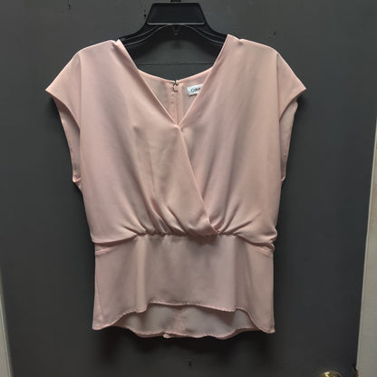 Calvin Klein Pale Blush Pink Pleated V Neck Peplum Blouse Top Medium Minimalist