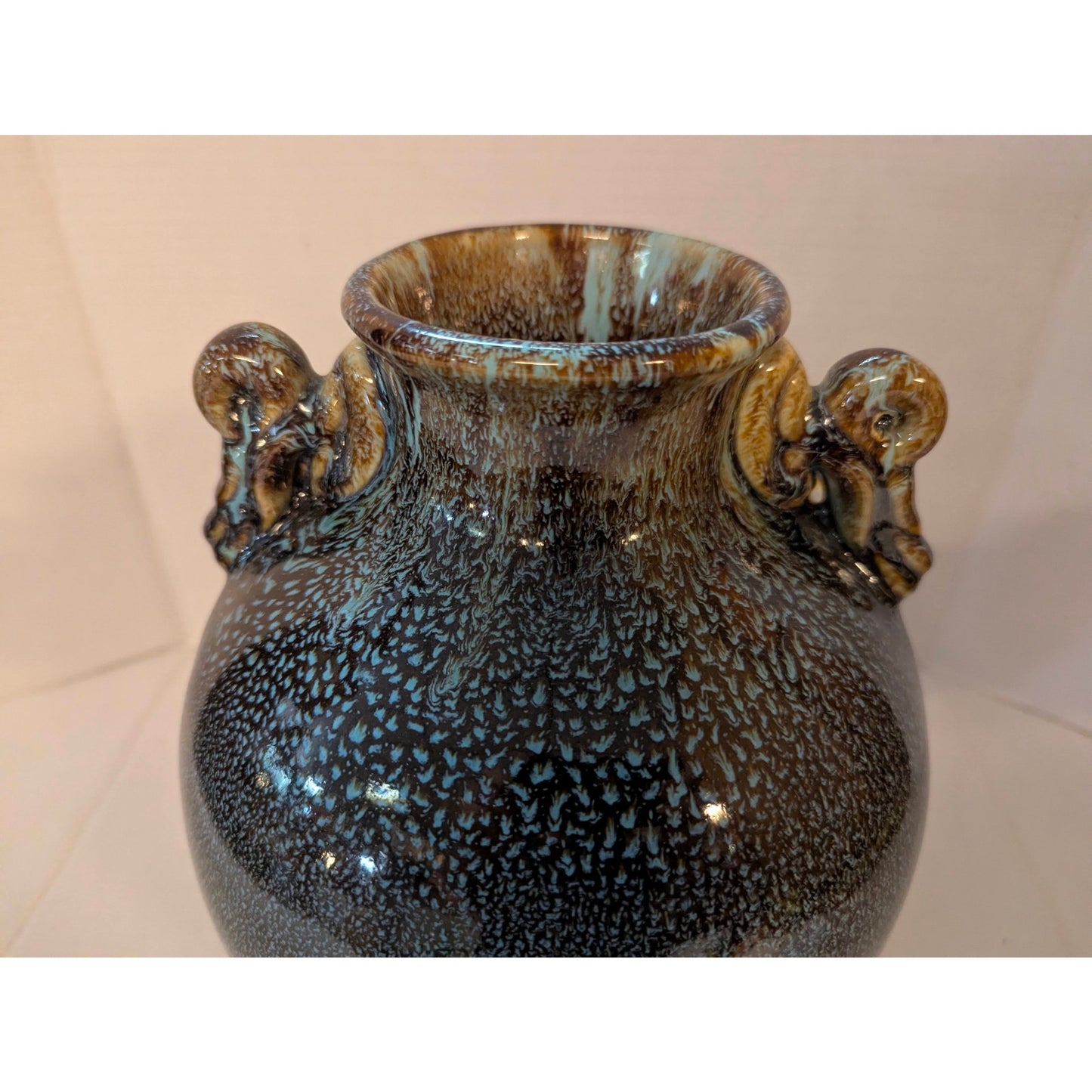 Vintage Studio Pottery Drip Glaze Urn Vase Double Handle Metallic Textured 12"