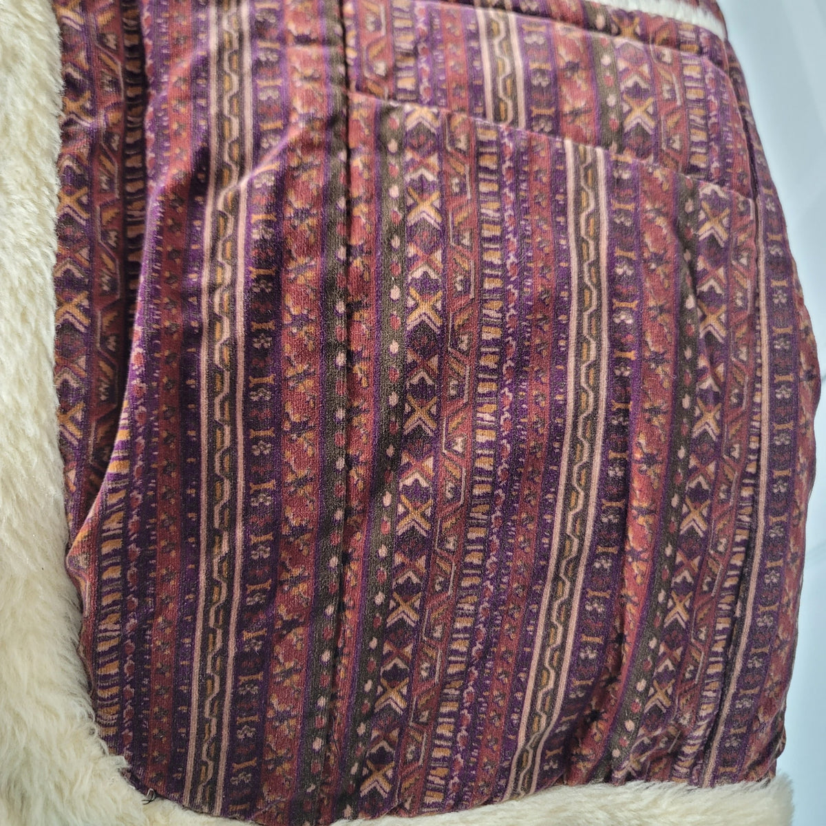 Vintage 1970s Fleece lined vest boho front pockets geometric stripes Japanese