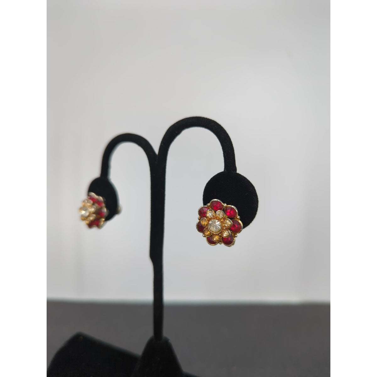 Vintage Ruby & Clear Rhinestone Floral Screw Back Earrings