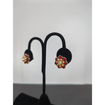 Vintage Ruby & Clear Rhinestone Floral Screw Back Earrings