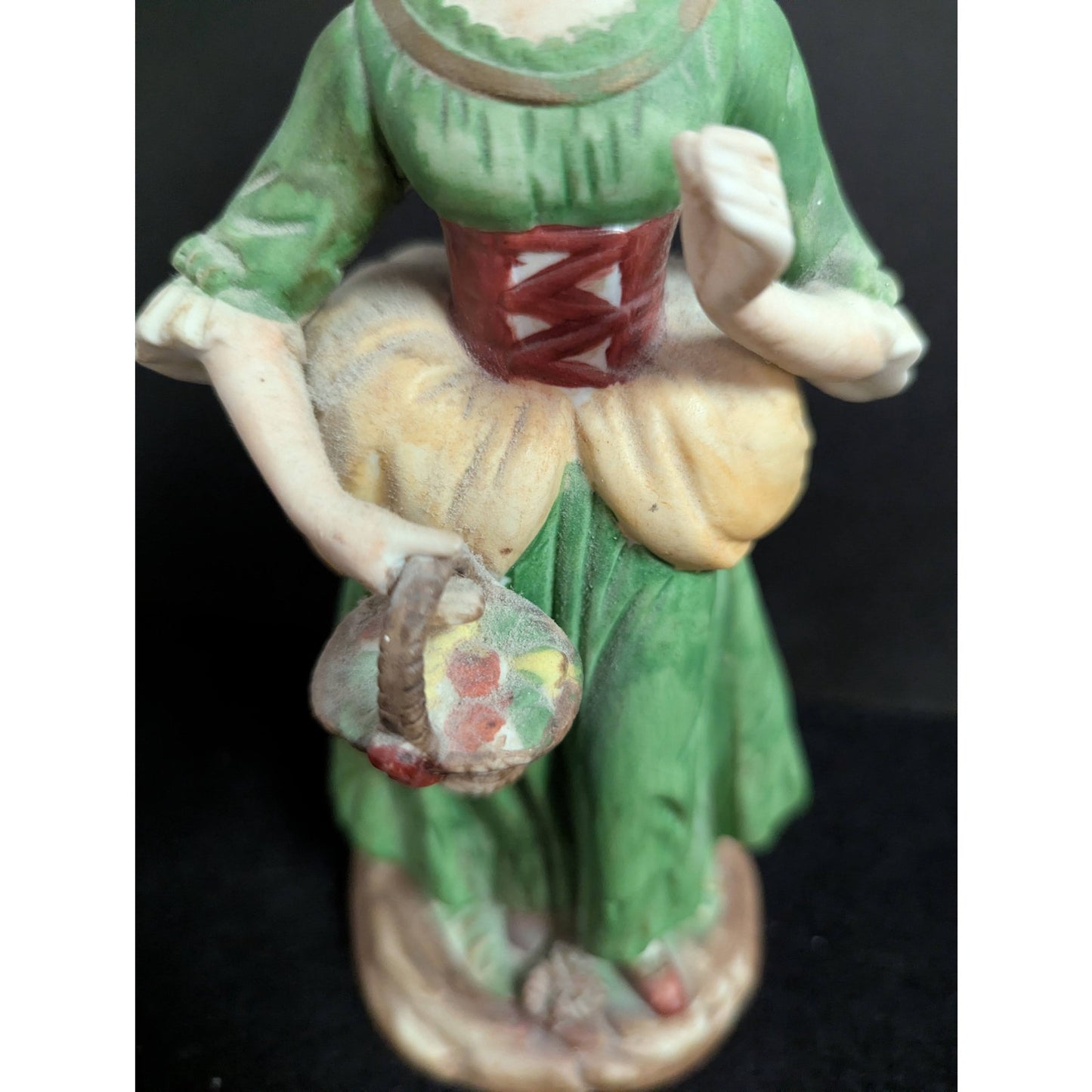 Vintage Bisque Porcelain Peasant Girl Figurine with Flower Basket
