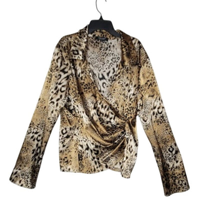 Karen Kane Casual Luxury Leopard Print Wrap Blouse XL Long Sleeve VNeck