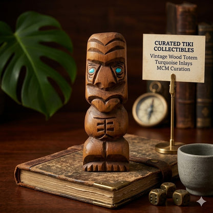 Vintage Handmade 6" Hand-Carved Wood Tiki Totem with Turquoise Inlay