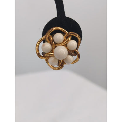 Vintage Gold Tone Faux Pearl Cluster Screw Back Earrings Retro Chic