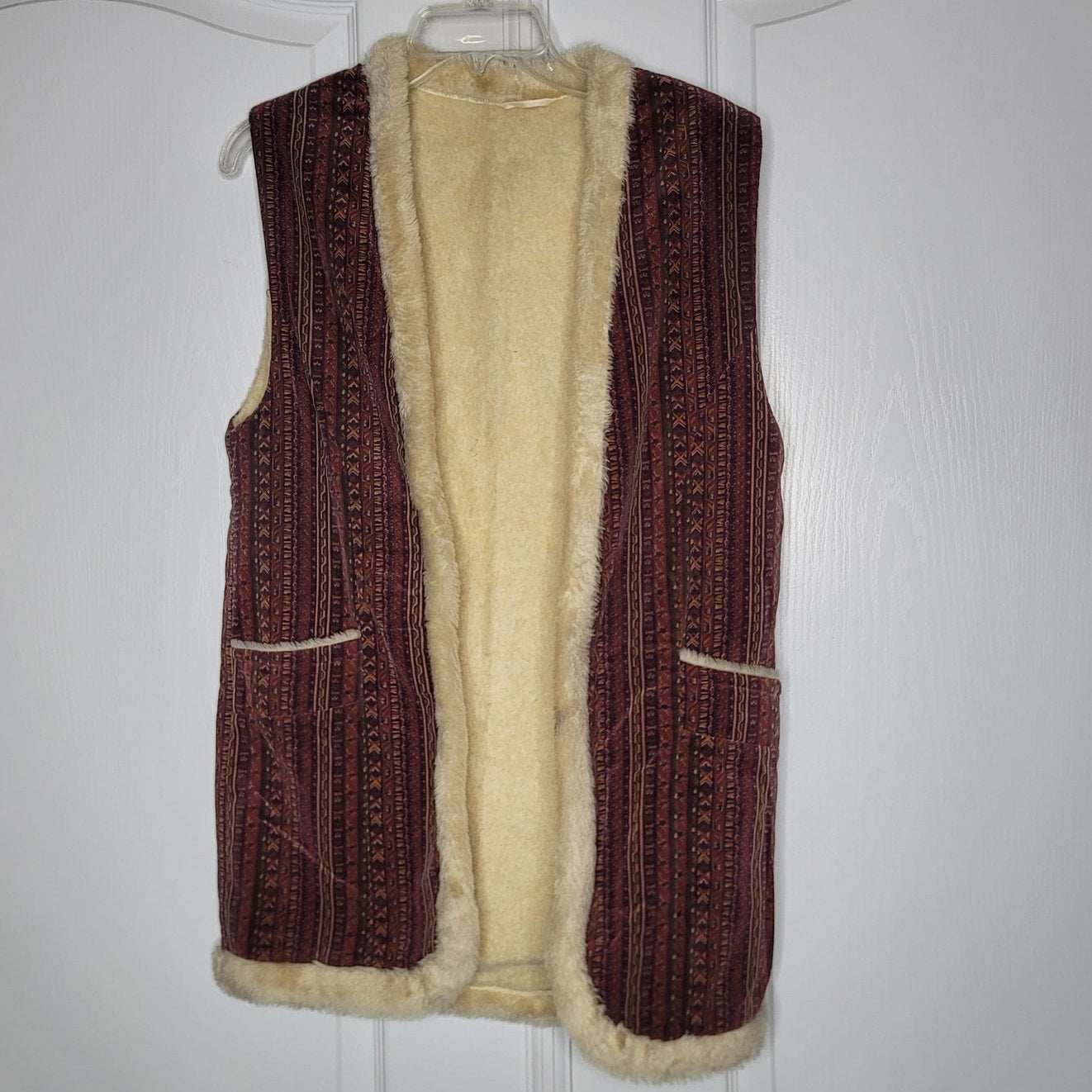 Vintage 1970s Fleece lined vest boho front pockets geometric stripes Japanese