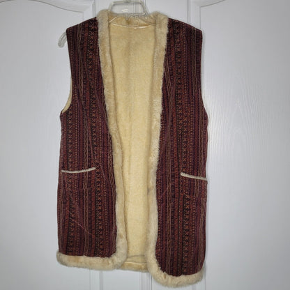 Vintage 1970s Fleece lined vest boho front pockets geometric stripes Japanese