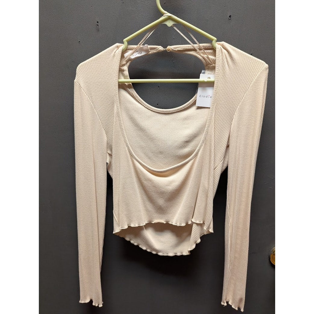 Elodie Size Large ribbed top blouse scoop neck cut out back cropped lettuce edge