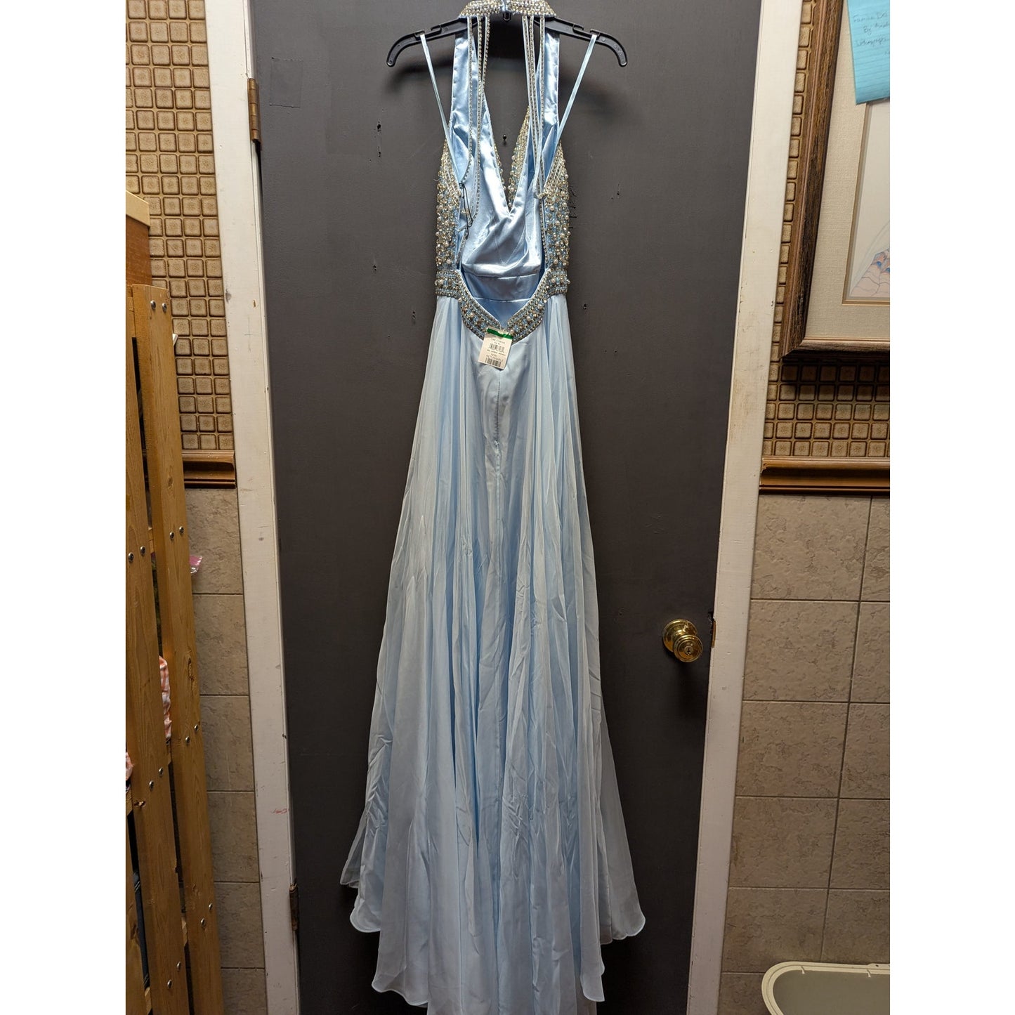Mac Duggal Light Blue Beaded Halter Neck Prom Pageant Maxi Gown 4