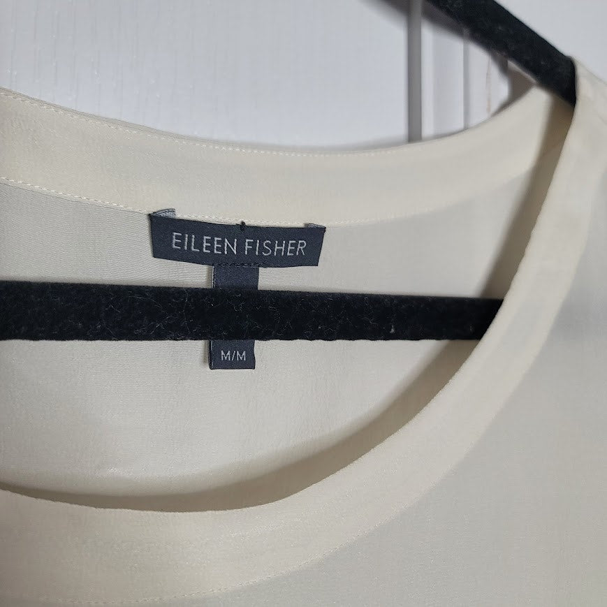 Eileen Fisher 100% Silk Ivory blouse Top Embroidery detail long sleeve Medium