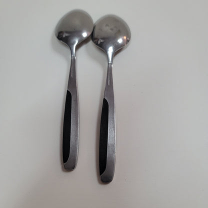 2 Stainless Soup SPOONS Stanley Roberts Japan NITE AND DAY pattern silver black