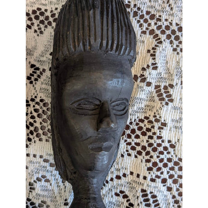 Vintage Hand Carved African Ebony Wood Bust Set Tribal Sculpture Art Duo