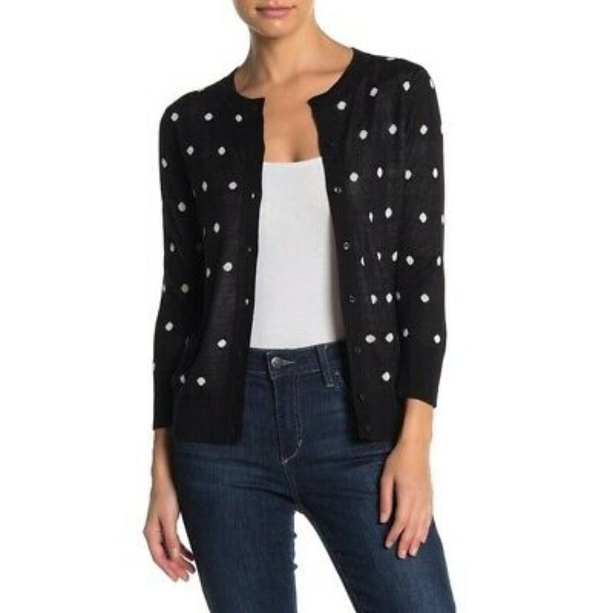 Halogen Crewneck Front Button Cardigan Sweater Small Black WHITE  POLKA DOT