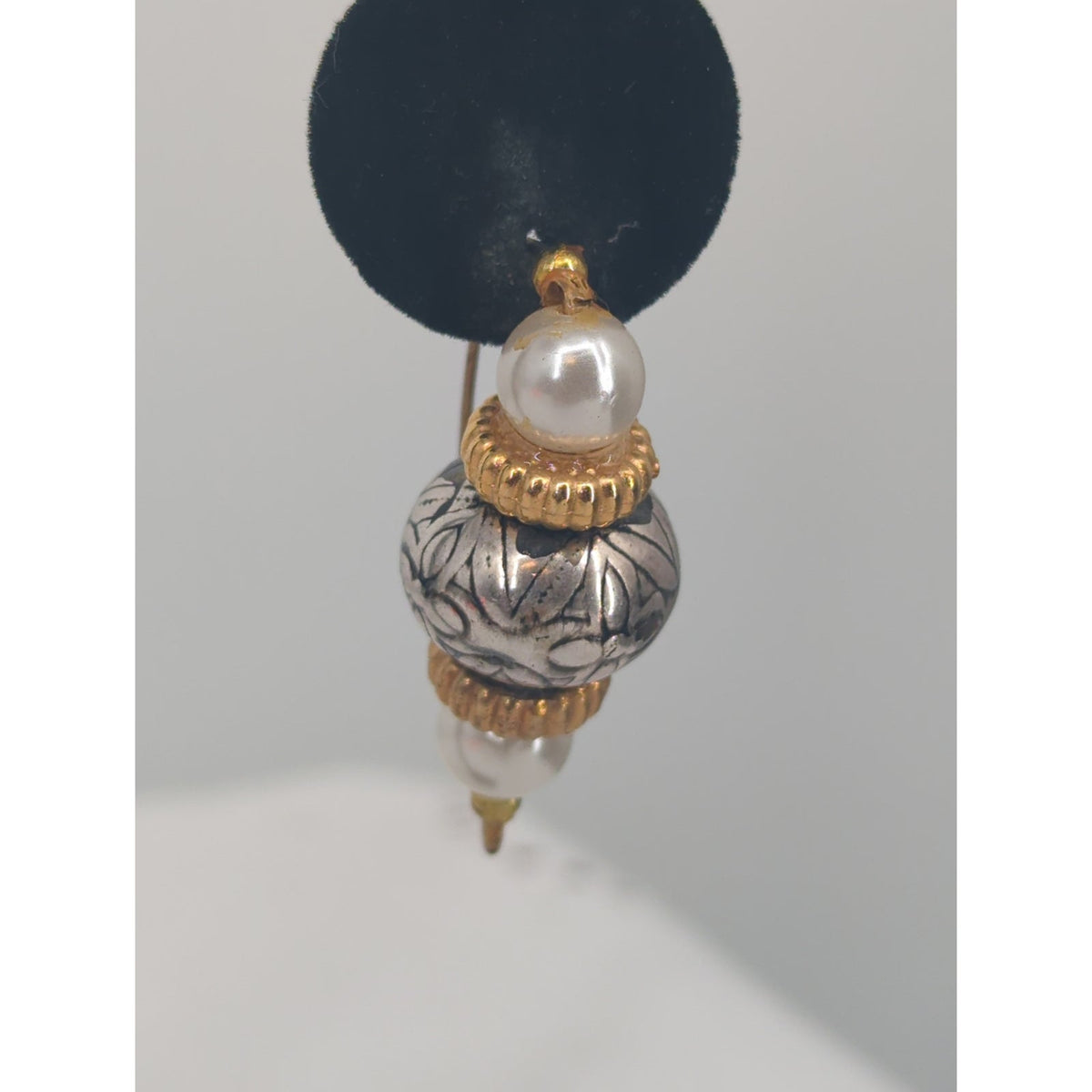Vintage Ornate Beaded Dangle Earrings Silver Gold Faux Pearl Bohemian Chic