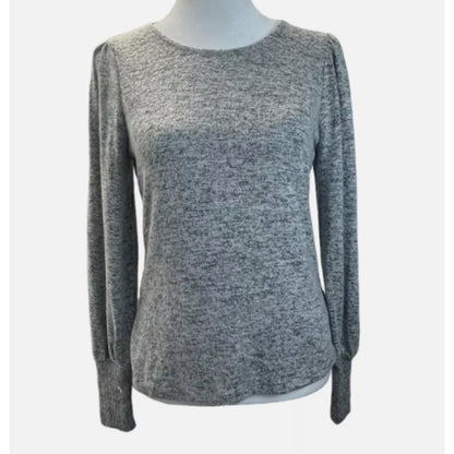 Bobeau Sweater Womens SMALL Top Heather Gray Crew Neck Puff Sleeve Rib Cuff NWT
