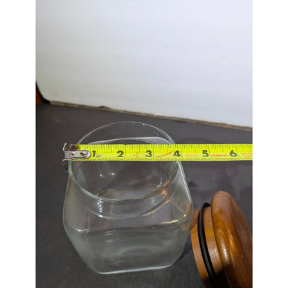Vintage MCM Clear Glass Canister with Teak Sealed Lid 5" apothecary storage
