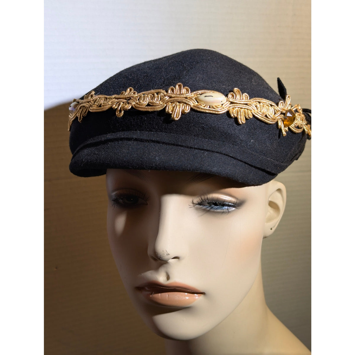 Vintage 50s Glentover Henry Pollak Black Wool Newsboy Cap Gold Trim Hat PinUp