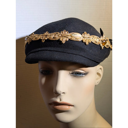 Vintage 50s Glentover Henry Pollak Black Wool Newsboy Cap Gold Trim Hat PinUp