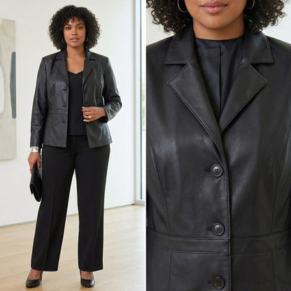 KC Collections Front 3 Button Black Leather Jacket Long Sleeves Black Large