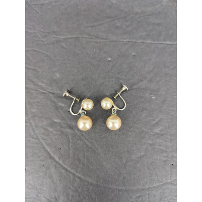 Vintage Gold Tone Faux Pearl Drop Pierced Dangle Earrings Minimalist Wedding