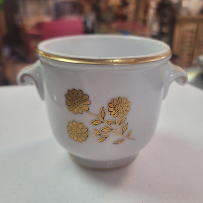 Richard Ginori CachePot Porcelain Gold White 4" tall double handle Italian