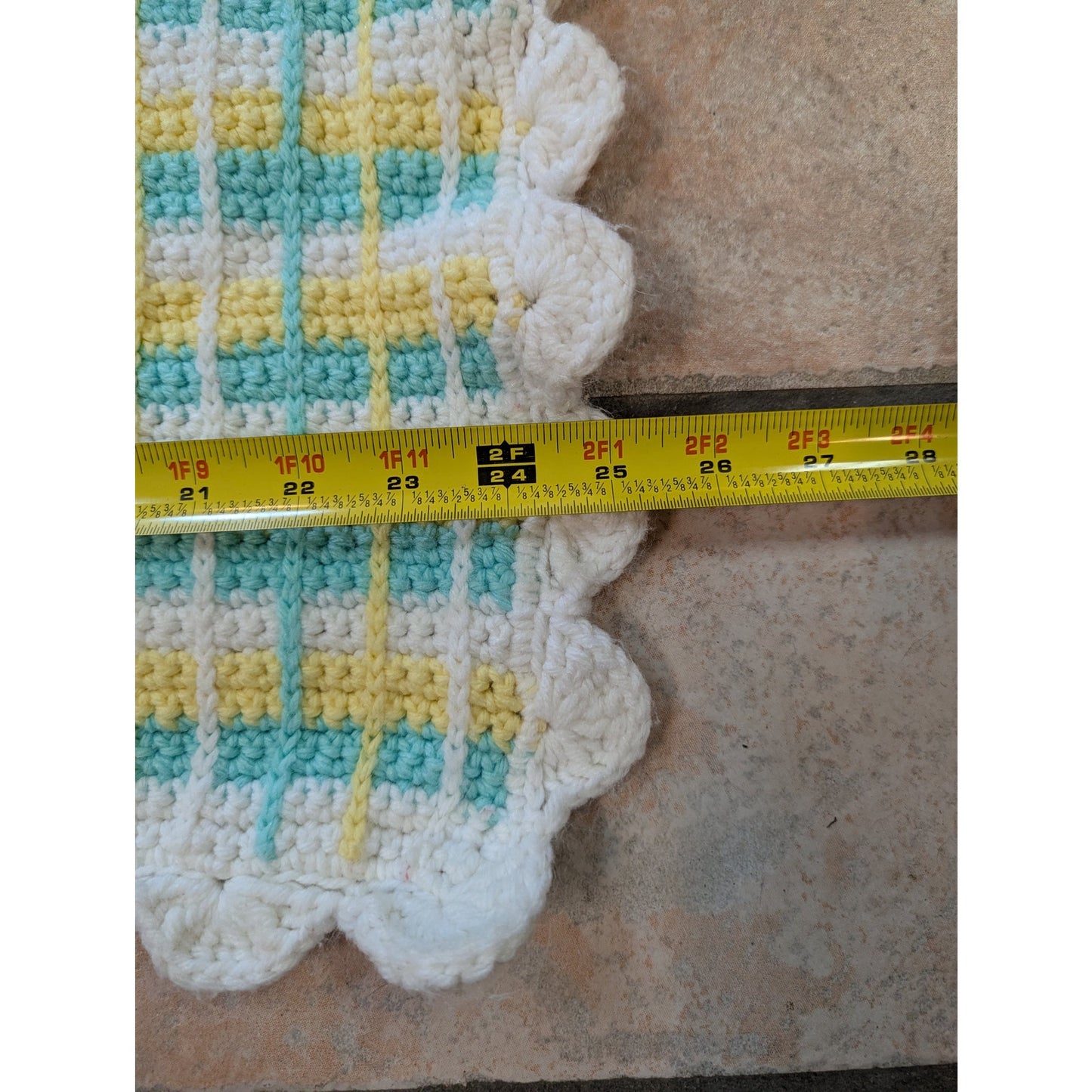 Vintage Hand-Crochet Pastel Plaid Baby Blanket with Scalloped Border