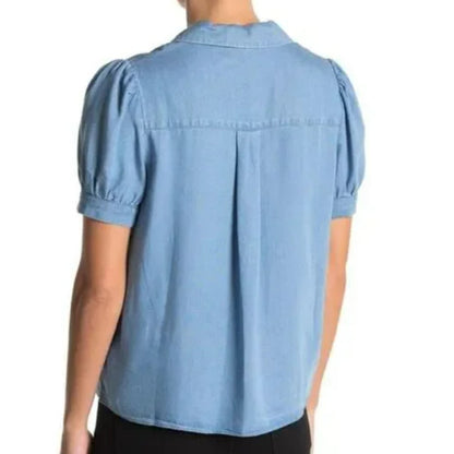 NWT Laundry by Shelli Segal Denim Button Puff Sleeve Blouse in Blue Sz Medium