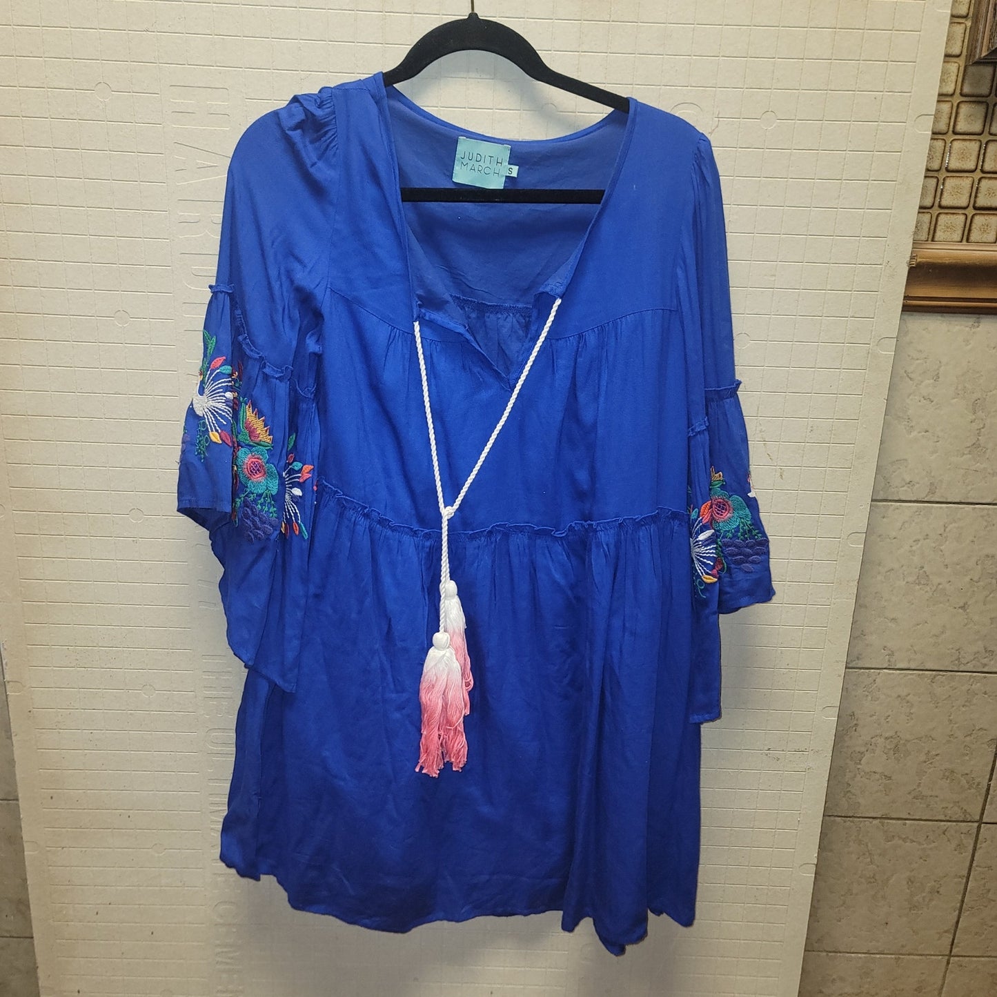Judith March Boho Blue Embroidery Bell Sleeve Mini Dress small tassel Festival