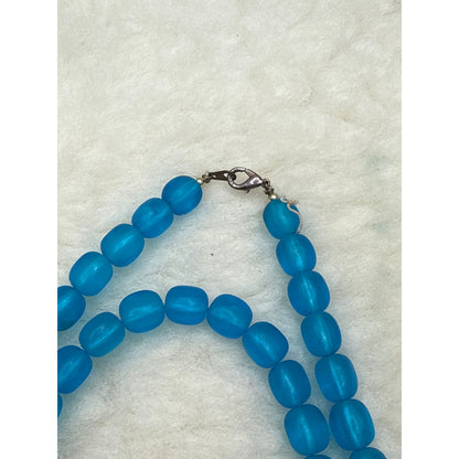 Vintage Blue Satin Glass Bead Choker Necklace 15 Inches Retro Glamour Classic