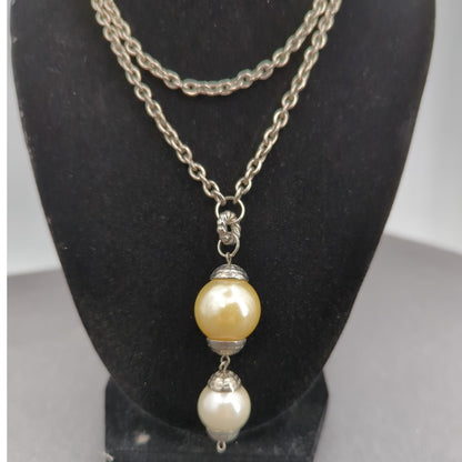 Vintage Fashion Necklace silvertone faux double pearl statement