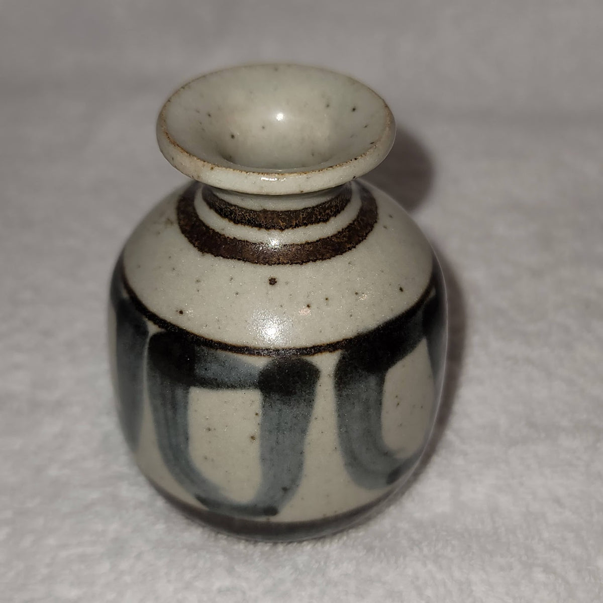 Vintage mini pottery handmde vase earthtones blue cream brown
