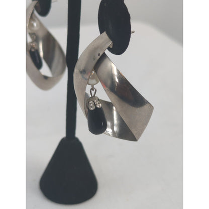 Vintage Swirl Hoop Earrings Silver-Tone Faux Pearl and Black Teardrop Dangle