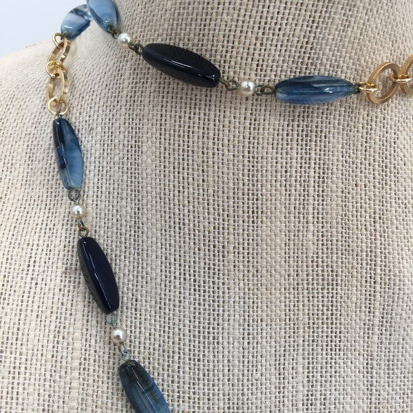 Vintage Necklace Single Strand Blue & Black Glass Oblong Beads Faux Pearl