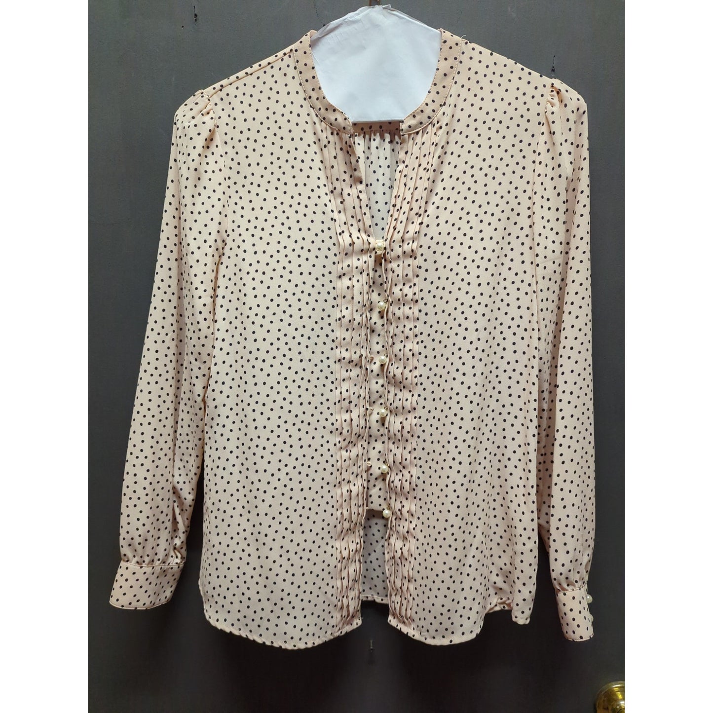 Karl Lagerfeld Pink black Polka Dot Faux Pearl Button Blouse Small Vintage