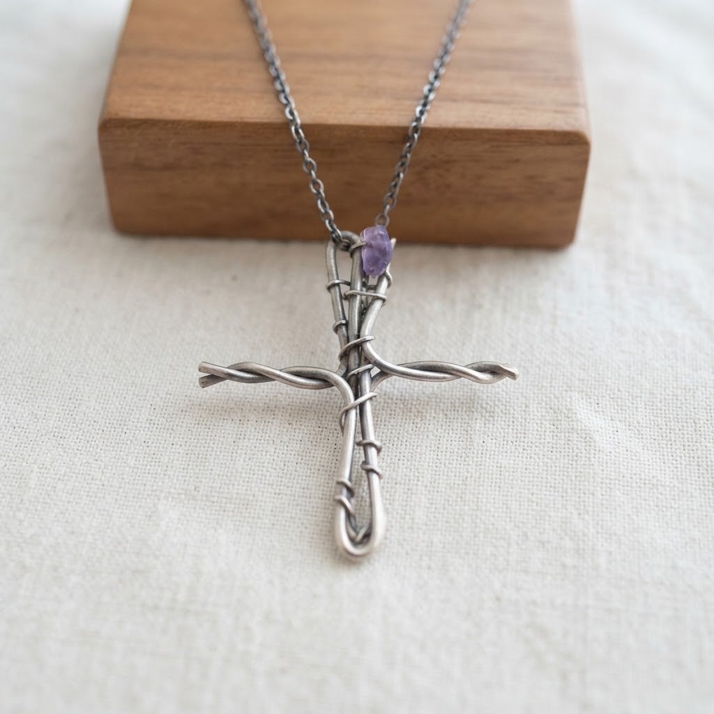 Handcrafted Wire Wrapped Cross Pendant with Raw Amethyst Crystal Accent