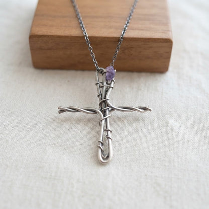 Handcrafted Wire Wrapped Cross Pendant with Raw Amethyst Crystal Accent