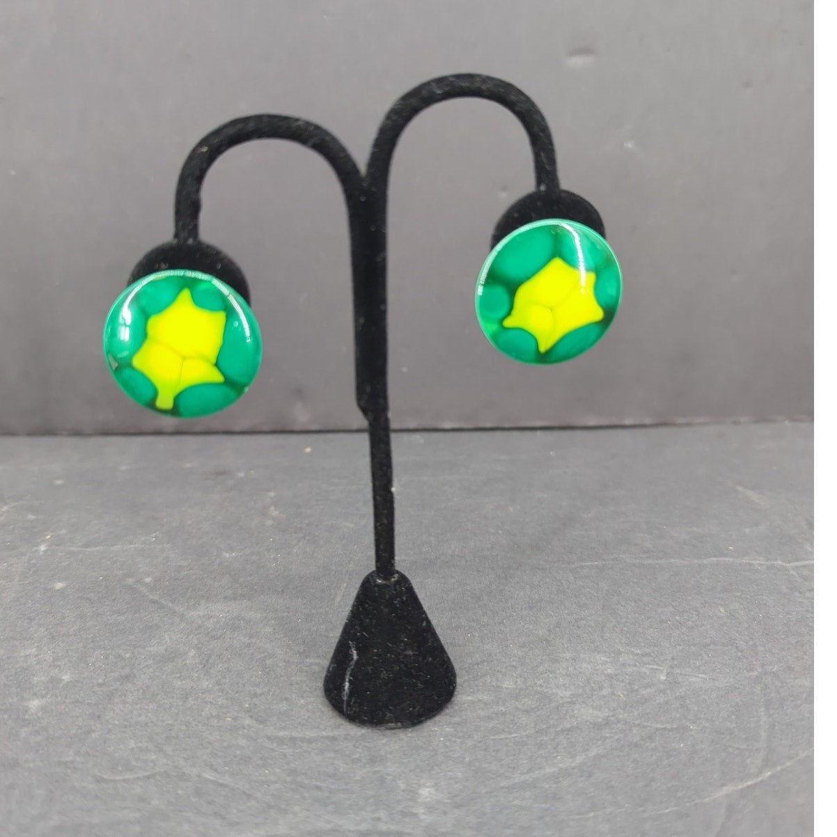 Vintage West Germany Hand Painted Enameled Metal Clip On Earrings Abstract