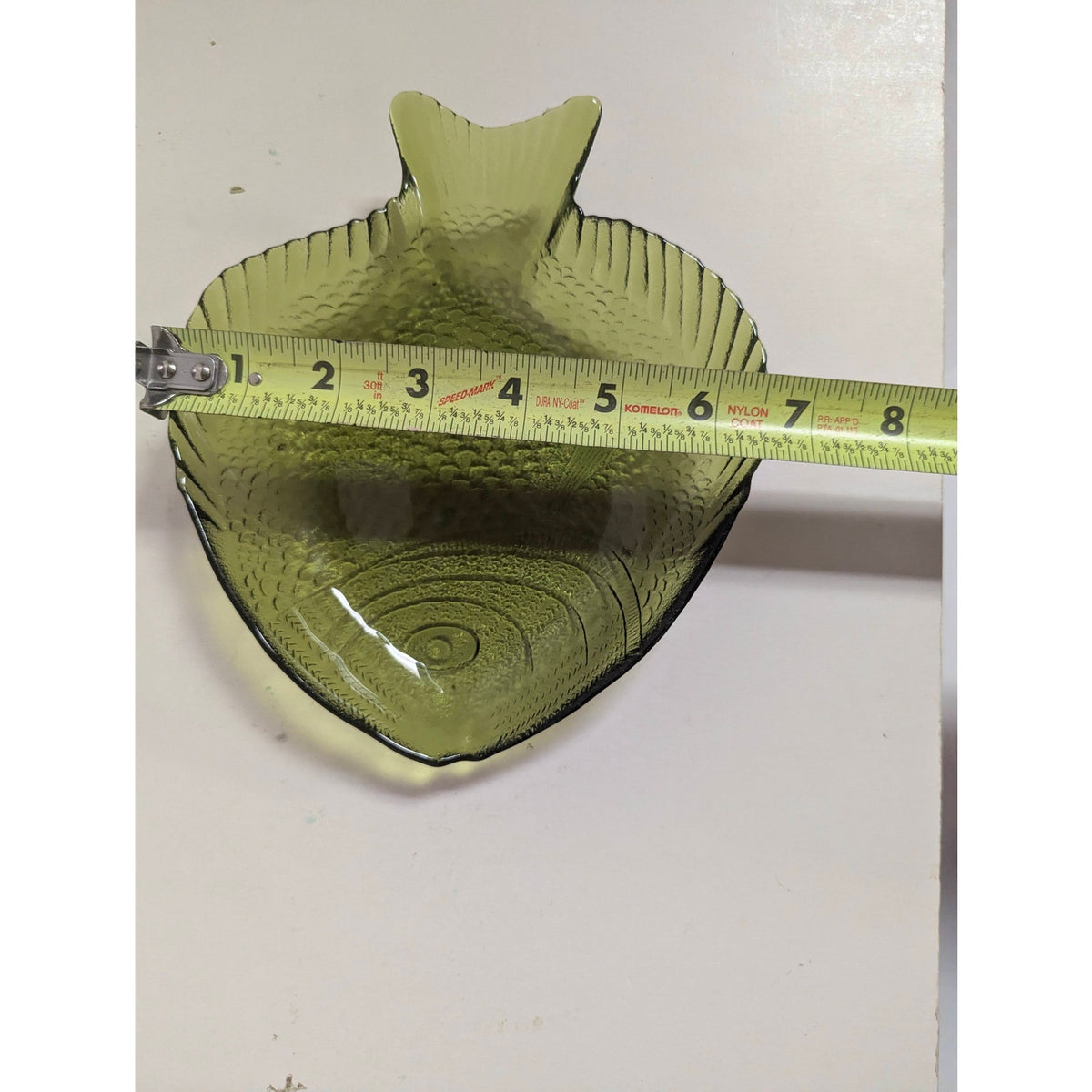 Vintage Olive Green Glass Fish Shaped Dish Ashtray Or Trinket Dish Coastal Beach