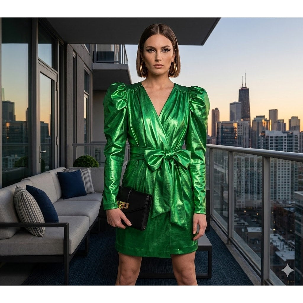 NEW Happy x Nature NY&C Twilight Mini Dress Size Zero Green Puff Sleeve 80s Glam