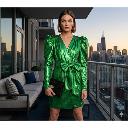 NEW Happy x Nature NY&C Twilight Mini Dress Size Zero Green Puff Sleeve 80s Glam