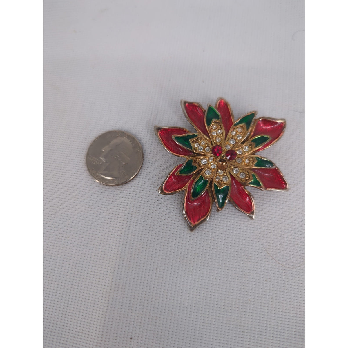 Vintage Tanya Creations Enamel Rhinestone Poinsettia Christmas Brooch Holiday