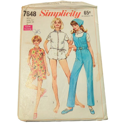 Vintage Sewing pattern Simplicity 7648 Size 12 Bust 34 dress romper pants hat